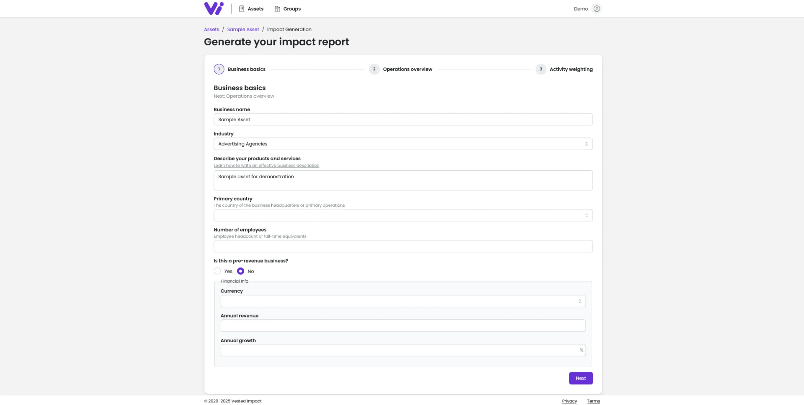 Screenshot of application with basics form