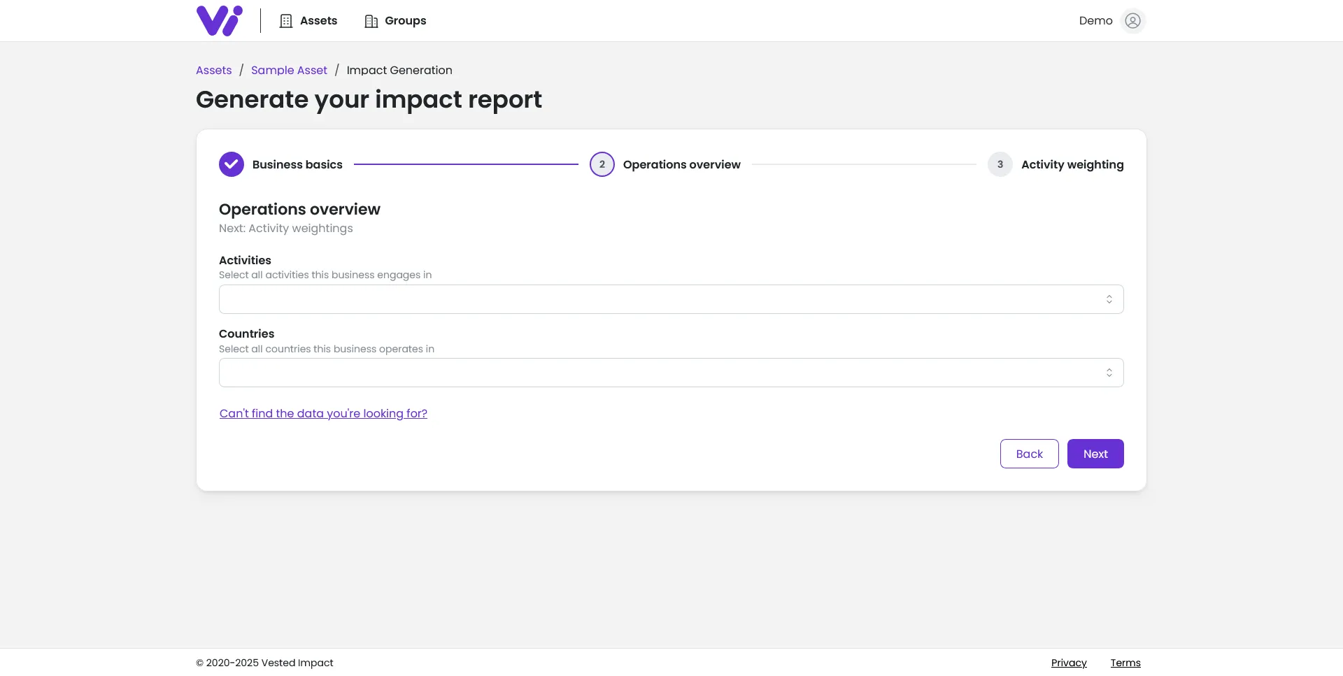Screenshot of application with activities form