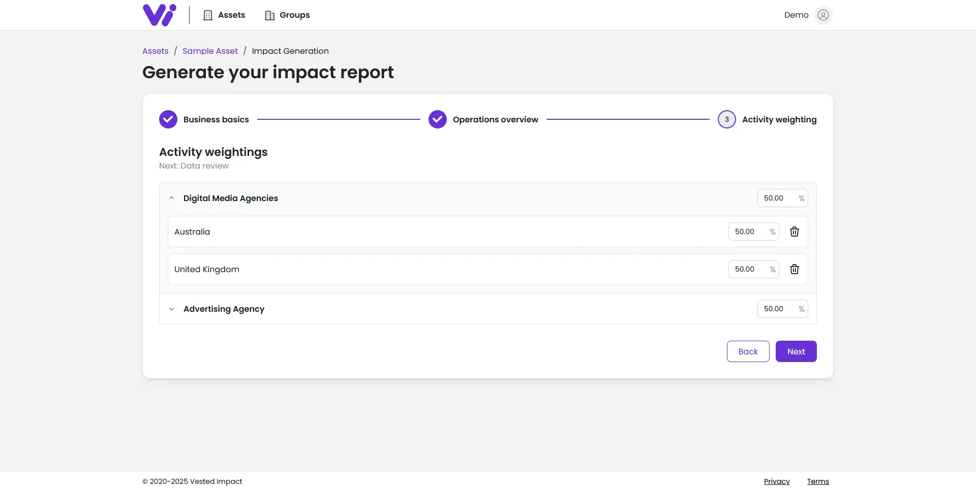Screenshot of application with weightings form
